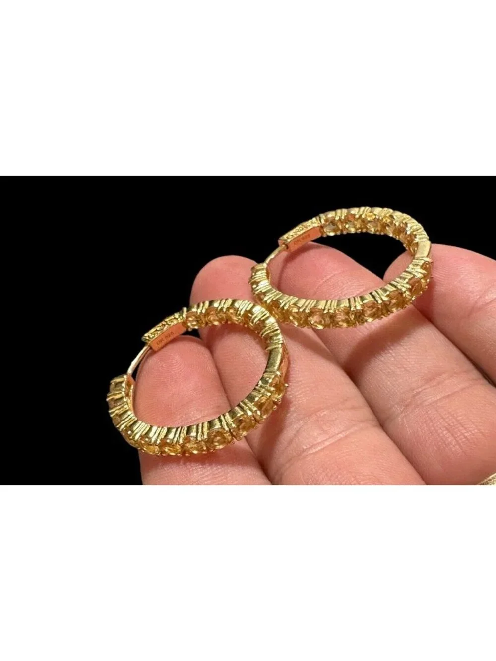 Signed DK 925 Citrine Hoop Earrings Gold Over Sterling Gemstone